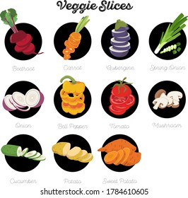 Veggies Slices icon set in isolated white background