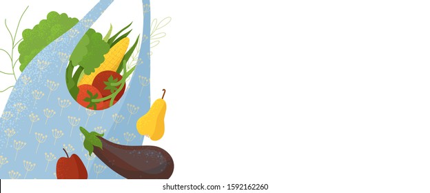 Veggies in textile handbag flat vector illustration. Eco friendly shopping bag with seasonal vegetables. Organic produce, fresh greens in recyclable pack isolated on white background
