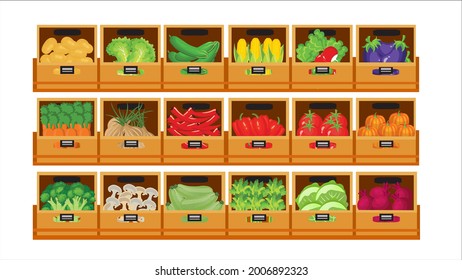 Vegitables In Supermarket Grocery Store Shelves,farm Market Boxes,shop Product Display.vector Illustration.