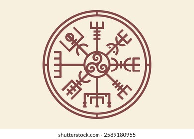 Vegvisir ancient navigation compass and Triskele, hand-drawn Magic Celtic sign. The Vikings used many symbols in accordance to Norse mythology. Esoteric Wiccan Logo icon, vector vintage background