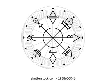 Vegvisir compass mystical Characters of Venus amulet. First Pentacle of Venus, seals magical talisman. Sacred geometry. Tattoo art, logo, prints. Stock vector illustration isolated white background 