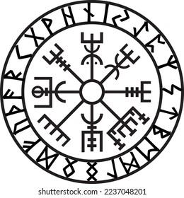 Vegvisir. Editable vector. Nordic mythology compass. Runes.