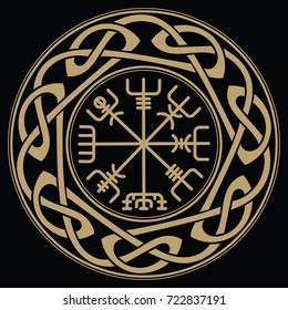 Vegvisir - Icelandic sign post or wayfinder is an Icelandic magical stave intended to help the bearer find their way through rough weather, isollated on black, vector illustration