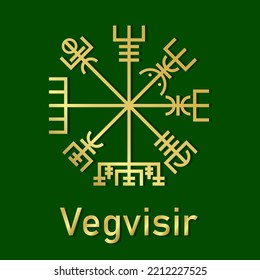 Vegvisir icon. Runic compass sign isolated on green background. Icon vegvisir in gradient gold color. Pagan poster with viking compass. Banner with nordic tattoos. Vector illustration
