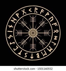 Galdrastaﬁr. Vegvisir. Magic Navigation Compass of ancient Icelandic Vikings with scandinavian runes. Magic runic symbols that appeared in the early Middle Ages in Iceland. Runic Talisman