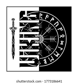 Galdrastaﬁr. Vegvisir. Magic Navigation Compass of ancient Icelandic Vikings with scandinavian runes. Runic symbols that appeared in the early Middle Ages. Talisman. T shirt print. Vector illustration