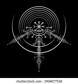 Vegvisir magic navigation compass ancient. The Vikings used many symbols in accordance to Norse mythology,  widely used in Viking society. Round Logo icon Wiccan esoteric sign isolated on black 