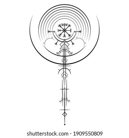 Vegvisir magic navigation compass ancient. The Vikings used many symbols in accordance to Norse mythology,  widely used in Viking society. Round Logo icon Wiccan esoteric sign isolated on white 