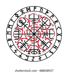 Vegvisir, the Magic Navigation Compass of ancient Icelandic Vikings with scandinavian runes, isolated on white, vector illustration