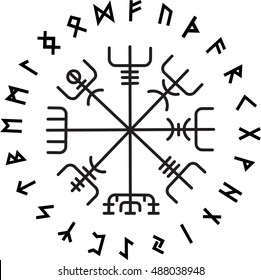 Vegvisir, the Magic Navigation Compass of ancient Icelandic Vikings with scandinavian runes, isolated on white, vector illustration