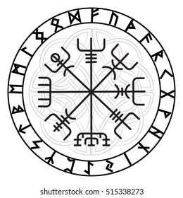 Vegvisir, the Magic Navigation Compass of ancient Icelandic Vikings with scandinavian runes, isolated on white, vector illustration