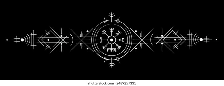 Vegvisir magic navigation compass hand drawn style. Ancient viking sign in art deco. The Asatru used many symbols in accordance to Norse mythology, widely used in Viking society. Esoteric logo icon