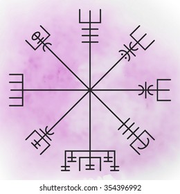 Vegvisir - the Magic Navigation Compass of Vikings. Runescript from Ancient Medieval Icelandic Manuscript Book. Talisman for luck road and good voyage.