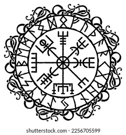 Vegvisir, magical ancient Icelandic viking navigational compass with Scandinavian patterns and runes, vector illustration. Celtic knot tattoo, t-shirt print