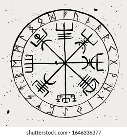 Vegvisir. Protective runic talisman for travelers. Compass for the wandering. Vector illustration