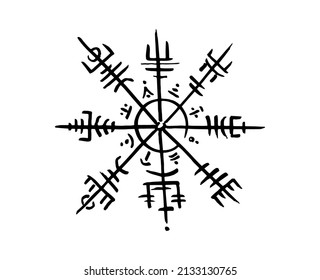 Vegvisir runic compass black pencil drawing style, Hand drawing of Viking symbols, Sacred Norse, tattoo logo, grunge runic magic symbols, vector illustration isolated on white background