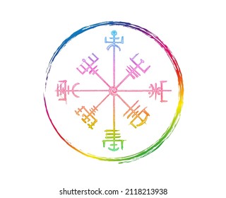 Vegvisir runic compass colorful pencil drawing style, Hand drawing of Viking symbols, Sacred Norse, round logo vector illustration isolated on white background