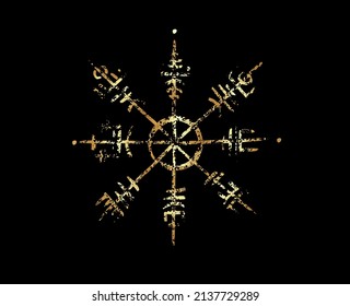 Vegvisir Runic Compass Gold Foil Pencil Drawing Style, Hand Drawing Of Viking Symbols, Sacred Norse, Golden Logo, Grunge Runic Magic Symbols, Vector Illustration Isolated On Black Background