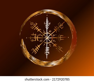 Vegvisir runic compass gold pencil drawing style, Hand drawing of Viking symbols, Sacred Norse, golden logo, grunge runic magic symbols, vector illustration isolated on bronze background