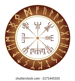 Vegvisir the runic compass of the vikings navigators copper talisman isolated on white background. Elder Futhark Scandinavian rune symbols for divination.