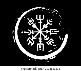 Vegvisir runic compass white pencil drawing style, Hand drawing of Viking symbols, Sacred Norse, round tattoo logo, grunge runic magic symbols, vector illustration isolated on black background