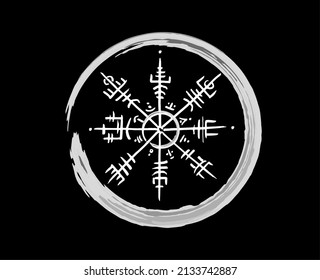 Vegvisir runic compass white pencil drawing style, Hand drawing of Viking symbols, Sacred Norse, tattoo logo, grunge runic magic symbols, vector illustration isolated on black background