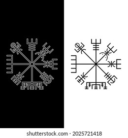 Vegvisir symbol, runic compass. Icelandic magical staves. Nordic Viking compass. Isolated icon in black with white outline. Esoteric, witchcraft. Vector illustration on white and black background