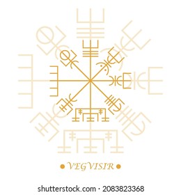 Vegvisir symbol, runic compass. Nordic viking compass in golden color on white background. Line art. Icelandic magical staves. Isolated pagan vector. Nordic tattoos. Vector illustration
