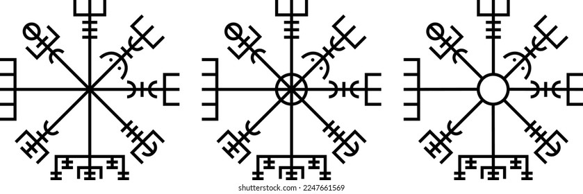 Vegvisir Viking Kompass mit drei Variationen. Nordic Rune. Bearbeitbarer Strich.