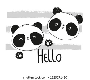 VeHand Drawn Cute Panda bear and phrase Hello. Print Design for Kids.