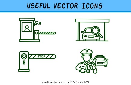 Vehicle access control and security barrier icons with security inspection monitoring protection facility checkpoint automotive management authorization parkinglot perimeter