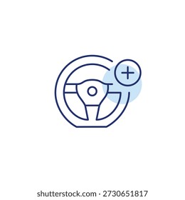 Vehicle access, control update. Steering wheel and plus. Pixel perfect, editable stroke vector icon