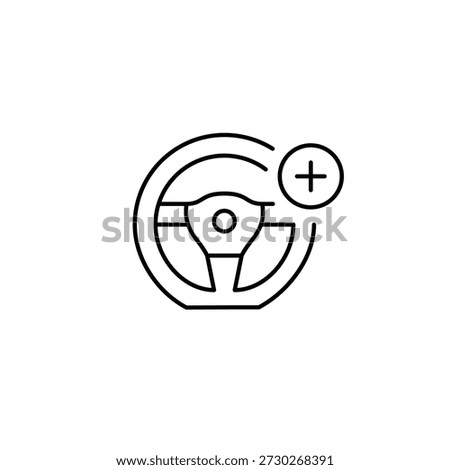 Vehicle access, control update. Steering wheel and plus. Pixel perfect, editable stroke vector icon