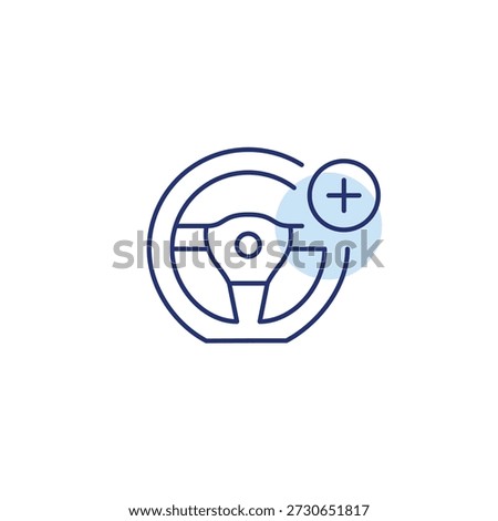 Vehicle access, control update. Steering wheel and plus. Pixel perfect, editable stroke vector icon