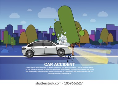 Vehicle Accident Concept Broken Car On Road At Night Over City Background With Copy Space