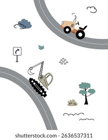 Vehicle activity on a winding road with a construction site and natural elements on a sunny day. Banner for a children's room for boys with cars.