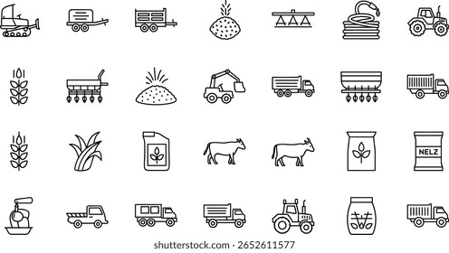 Vehicle agricultural forestry transport line icon set. Vector pictograms of skidder, trailer, irrigation, hose, seed, drill, grain, silage, fertilizer, livestock, thin 
