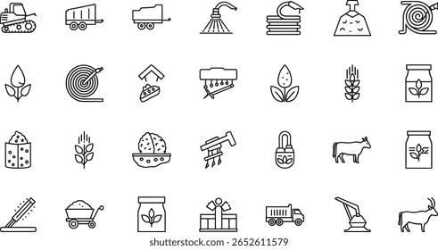 Vehicle agricultural forestry transport line icon set. Vector pictograms of skidder, trailer, irrigation, hose, seed, drill, grain, silage, fertilizer, livestock, thin 