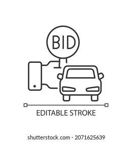 Vehicle auction linear icon. Bidding paddle. Automobile selling. Auto bargaining winner. Thin line customizable illustration. Contour symbol. Vector isolated outline drawing. Editable stroke