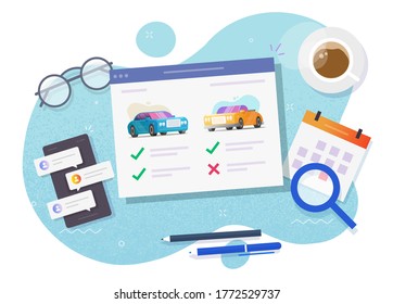 Vehicle auto rental comparing and choosing features online store website or auto and car web digital internet auction shop with automobiles review and history details, concept of buying or selling