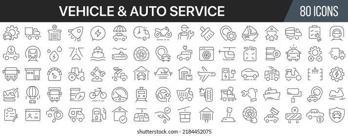 Vehicle and auto service line icons collection. Big UI icon set in a flat design. Thin outline icons pack. Vector illustration EPS10