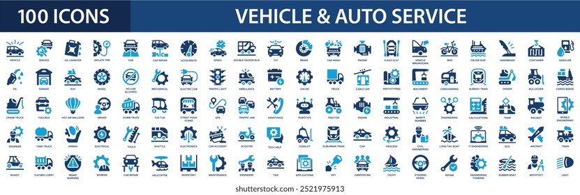 Veículo, serviço automático, conjunto de ícones de transporte. Garagem do carro, bicicleta, motor, avião, reparação, trem, bicicleta, chave de fenda, martelo, chave de fenda, moto.