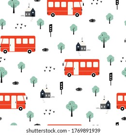 Vehicle background Buses and trees and houses Seamless pattern Hand drawn in a child style. Design. Used for publication, wallpaper, fabric, textiles. Vector illustration