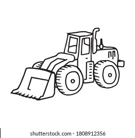 Vehicle with big shovel for collecting and transporting sand and bricks, and other heavy construction material, hand drawn illustration. Single loader machine, black outline pen drawing symbol. 