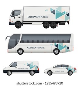 Vehicle branding. Transportation advertizing bus truck van car realistic vector mockup