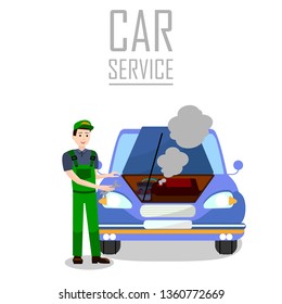 Vehicle Breakdown Trouble Flat Banner Template. Professional Car Service Typography. Cartoon Repairman, Mechanic, Technician Fixing Motor Problem Vector Illustration. Automobile Engine Failure