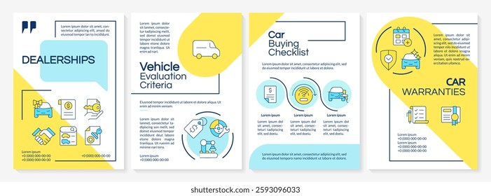 Vehicle buying blue and yellow brochure template. Transport maintenance, repair service. Leaflet design with linear icons. Editable 4 vector layouts