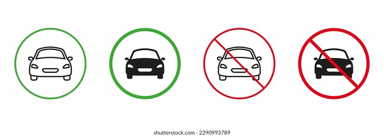 Vehicle Car Auto Line and Silhouette Icons Set. Automobile Drive Red and Green Road Signs. Permit and Not Allowed Automobile Transportation Symbol Collection. Isolated Vector Illustration.