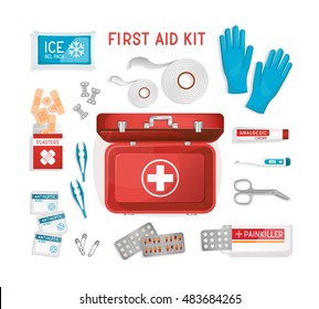 Vehicle / car / office / travel First Aid Kit. Flat lay medical help items: rubber gloves, suitcase, cold pack, plasters, pills, bandage. Vector illustration. Elements for medical infographics.
