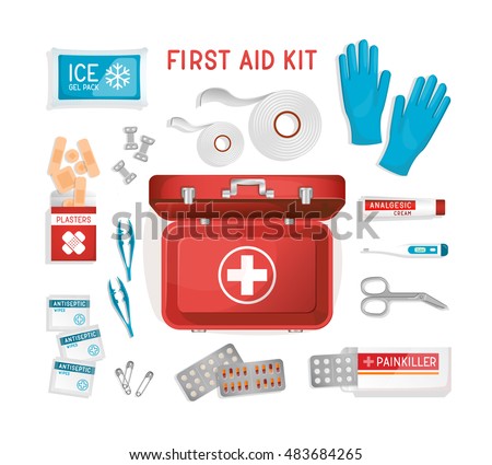 Vehicle / car / office / travel First Aid Kit. Flat lay medical help items: rubber gloves, suitcase, cold pack, plasters, pills, bandage. Vector illustration. Elements for medical infographics.